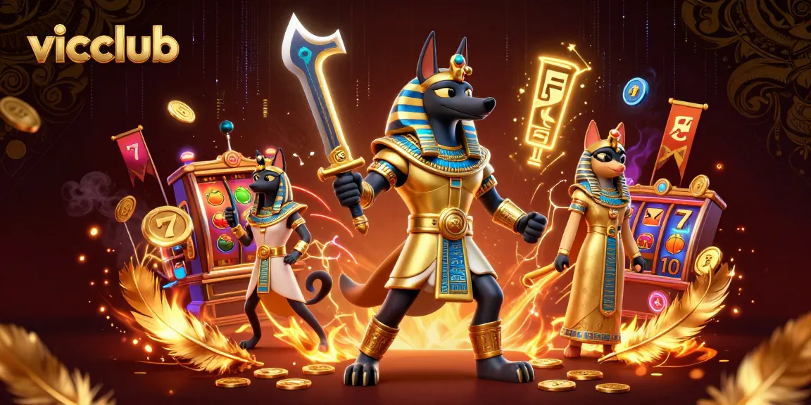 Experience the thrill of vicclub with Anubis and Bastet at a vibrant casino scene filled with winning potential.