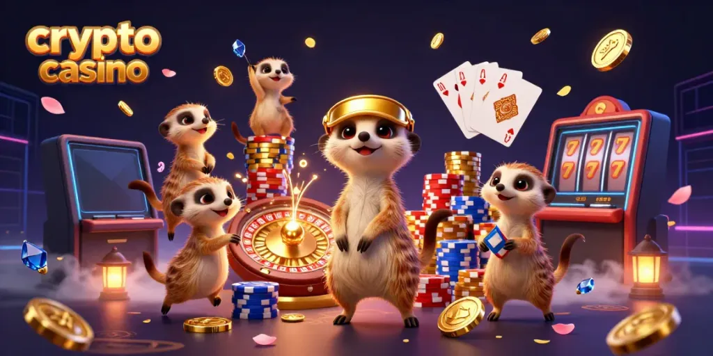 Meerkats operating a vibrant crypto casino surrounded by golden coins and interactive games.