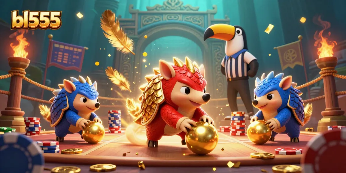 Engage with bl555's thrilling pangolin rivals bowling through poker chips in a vibrant casino scene.