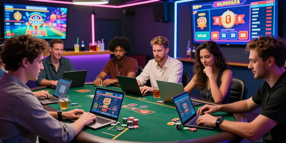 Players enjoying credit card casinos at a modern gaming table, lively atmosphere with vibrant lighting.