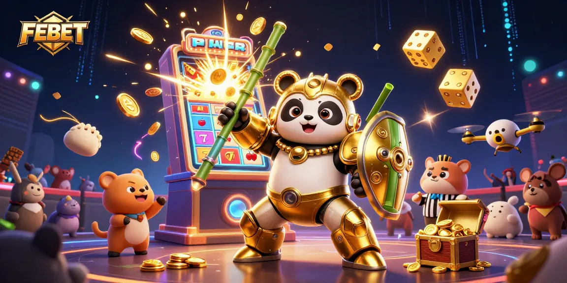 FEBET showcases a golden panda in a mech-suit amidst a casino-themed explosion of winning elements and lively atmosphere.