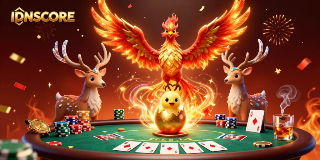 IDNSCORE brings excitement with a vibrant casino scene featuring a phoenix and poker elements.