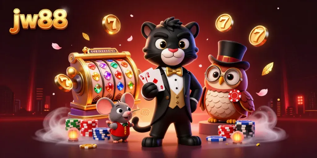 Play exciting games at jw88 with stylish characters surrounded by illuminated slots and cards.