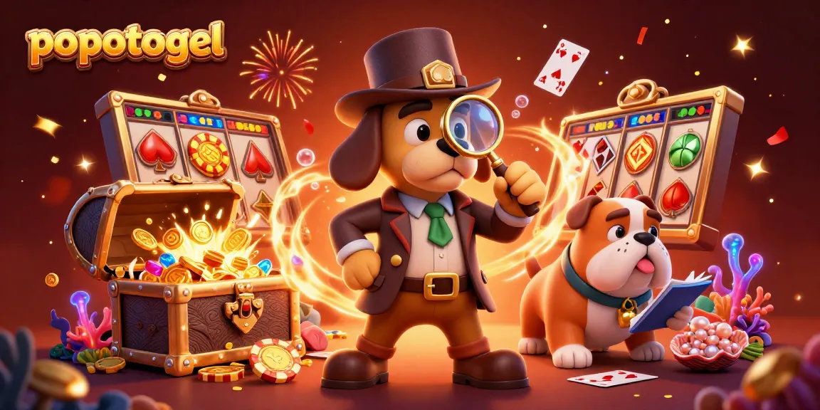 Explore popotogel with a lively 3D illustration featuring a detective and fun gaming elements.