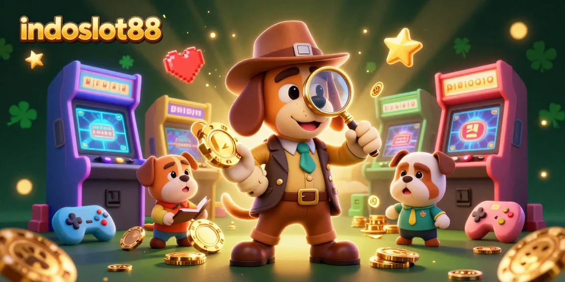Experience indoslot88 adventure with a detective and bulldog surrounded by dynamic casino elements.