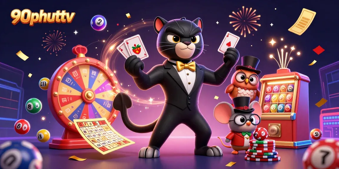 Experience the thrill of 90phuttv with a lively scene of a tuxedo-clad panther dealing cards amid vibrant lottery elements.