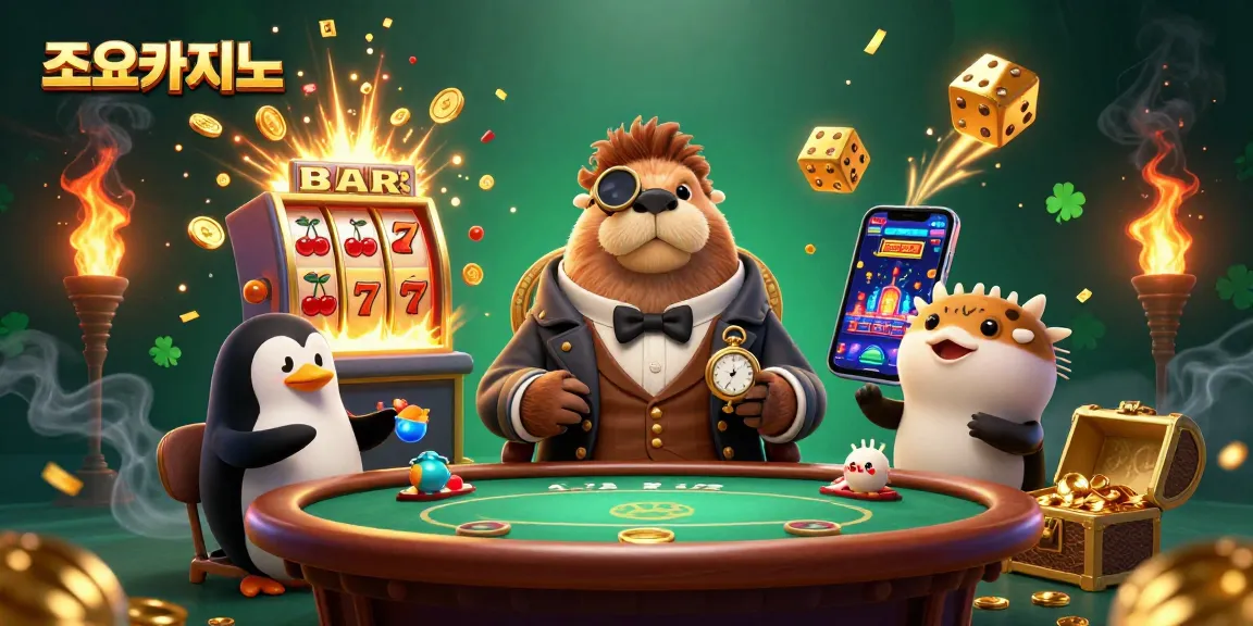 Playing at 조이카지노, a cartoon walrus, penguin dealer, and pufferfish bluffing in an underwater casino scene.