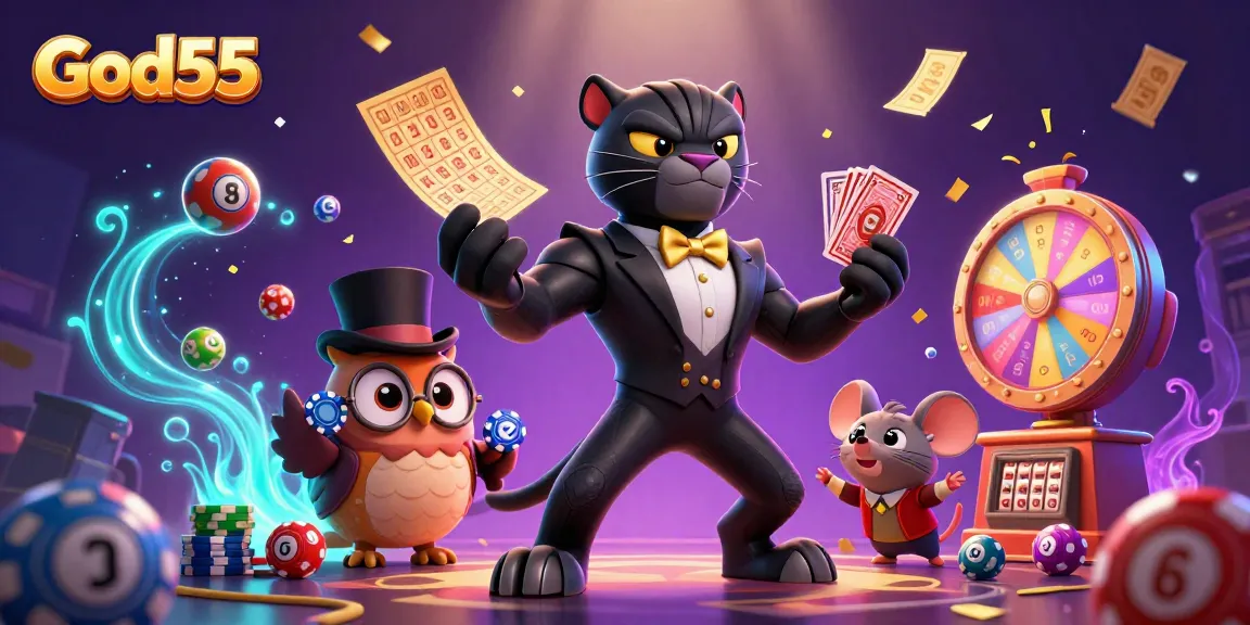 Experience exciting gaming action at God55 with vibrant characters, colorful elements, and a dynamic casino scene.
