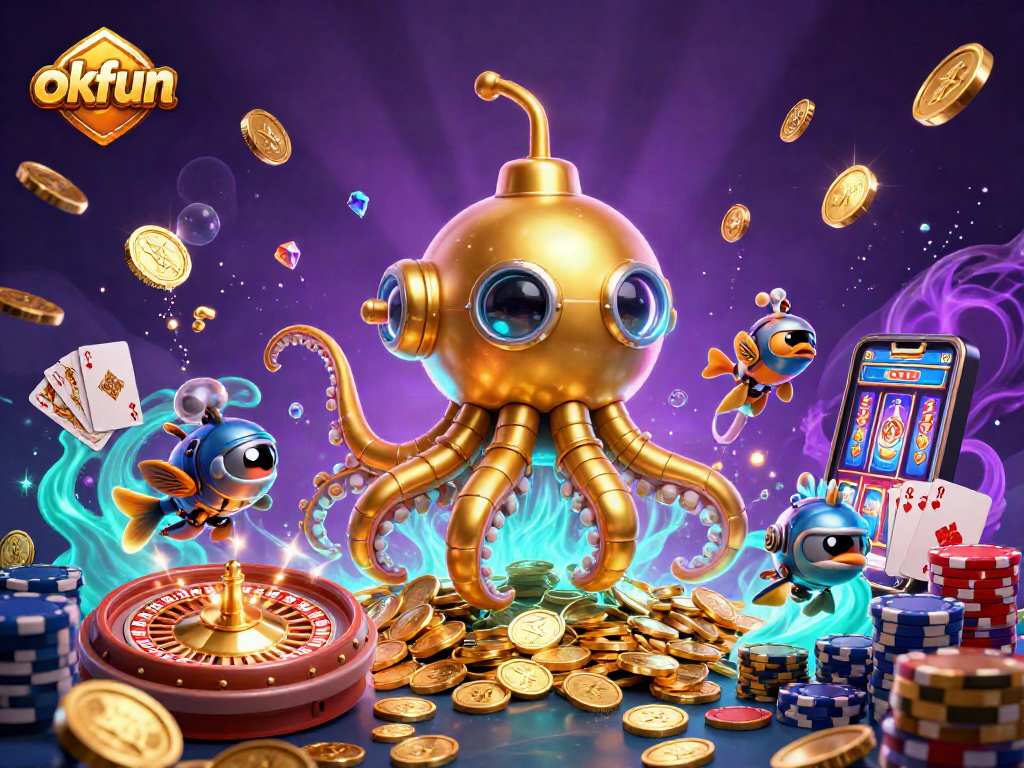 Engage with okfun as dynamic golden kraken submarine surfaces amidst sparkling casino treasures.