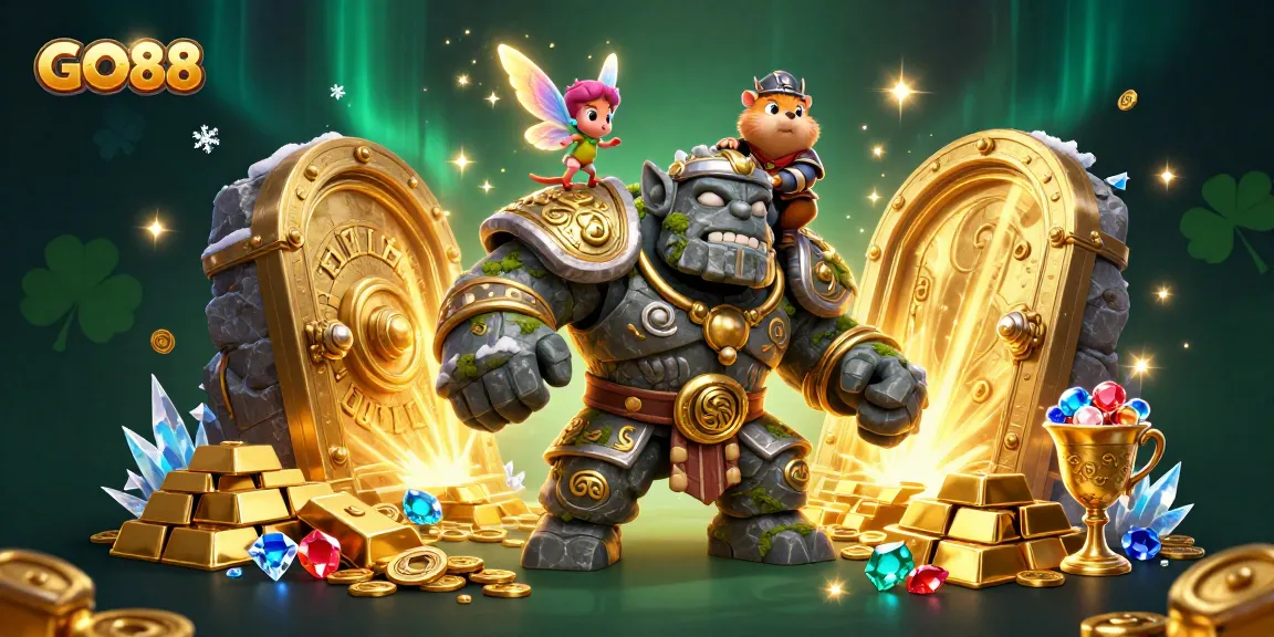 GO88's enchanting scene of a magical golem and brave hamster knight amidst treasure and casino glory.