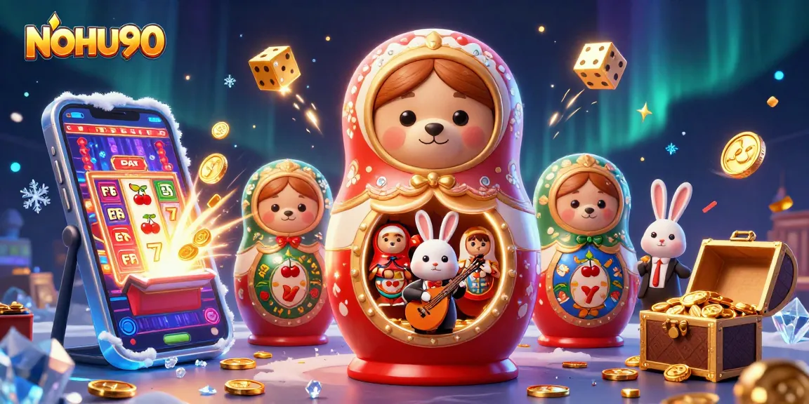 NOHU90 showcases an enchanting casino scene with festive characters and vibrant gaming elements.