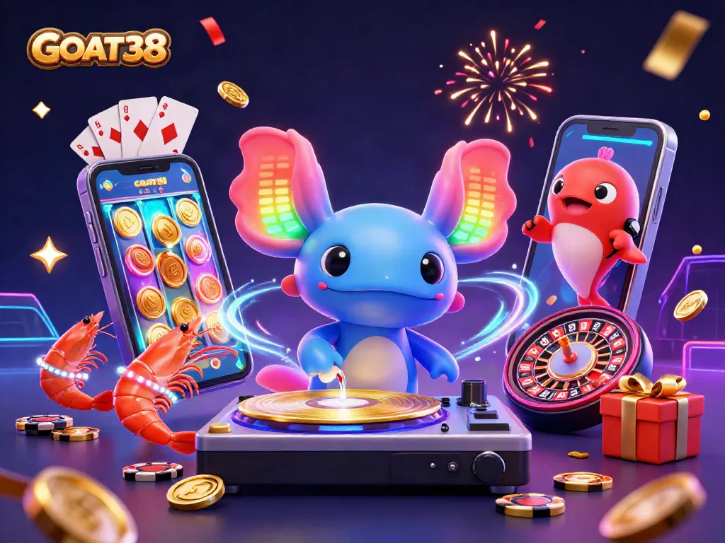 Join the celebration at GOAT38 with a vibrant DJ scene featuring gambling elements and animated characters.
