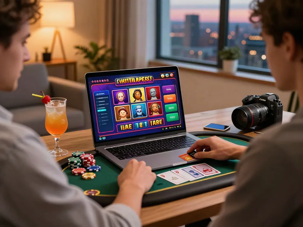 Engaged player enjoying credit card casinos from home office, colorful gaming interface and cozy atmosphere.