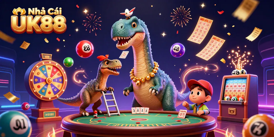 Engage with the excitement of Nhà Cái UK88, featuring a vibrant casino scene with cartoon characters and dynamic game elements.