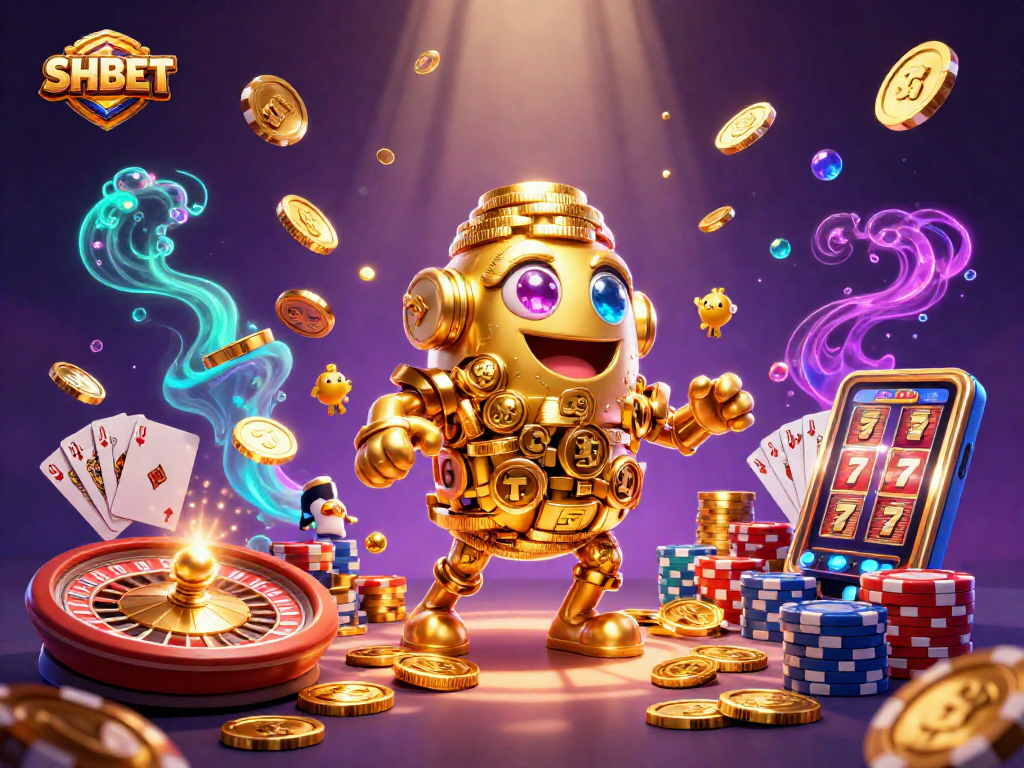 Experience thrilling jackpots with SHBET's vibrant 3D casino scene featuring unique golden characters.