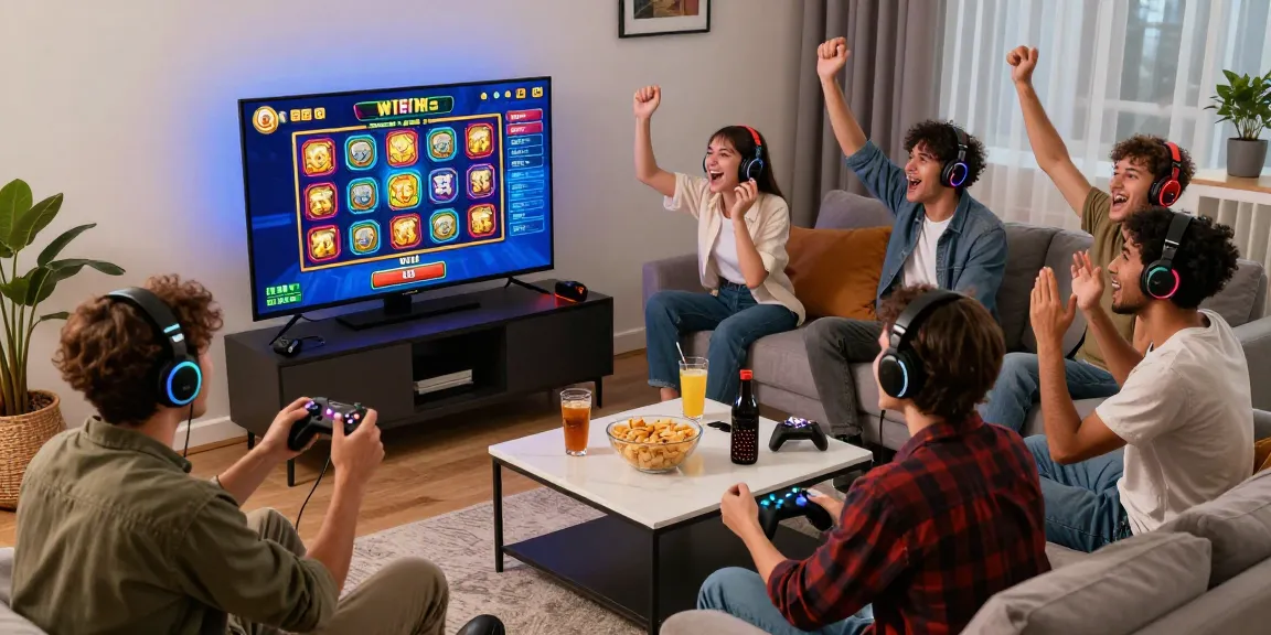 Friends enjoying gaming together at home showcasing oppa86 link slot games in a vibrant atmosphere.