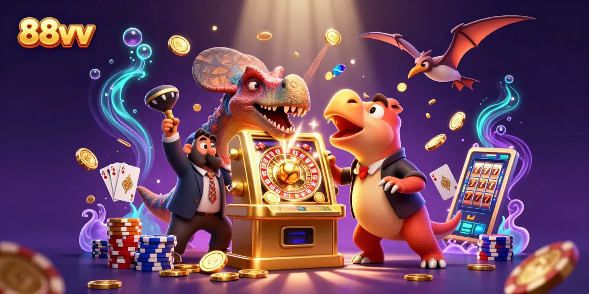 Experience thrilling jackpots with 88vv as a cartoon pachycephalosaurus hits a slot machine for coins.