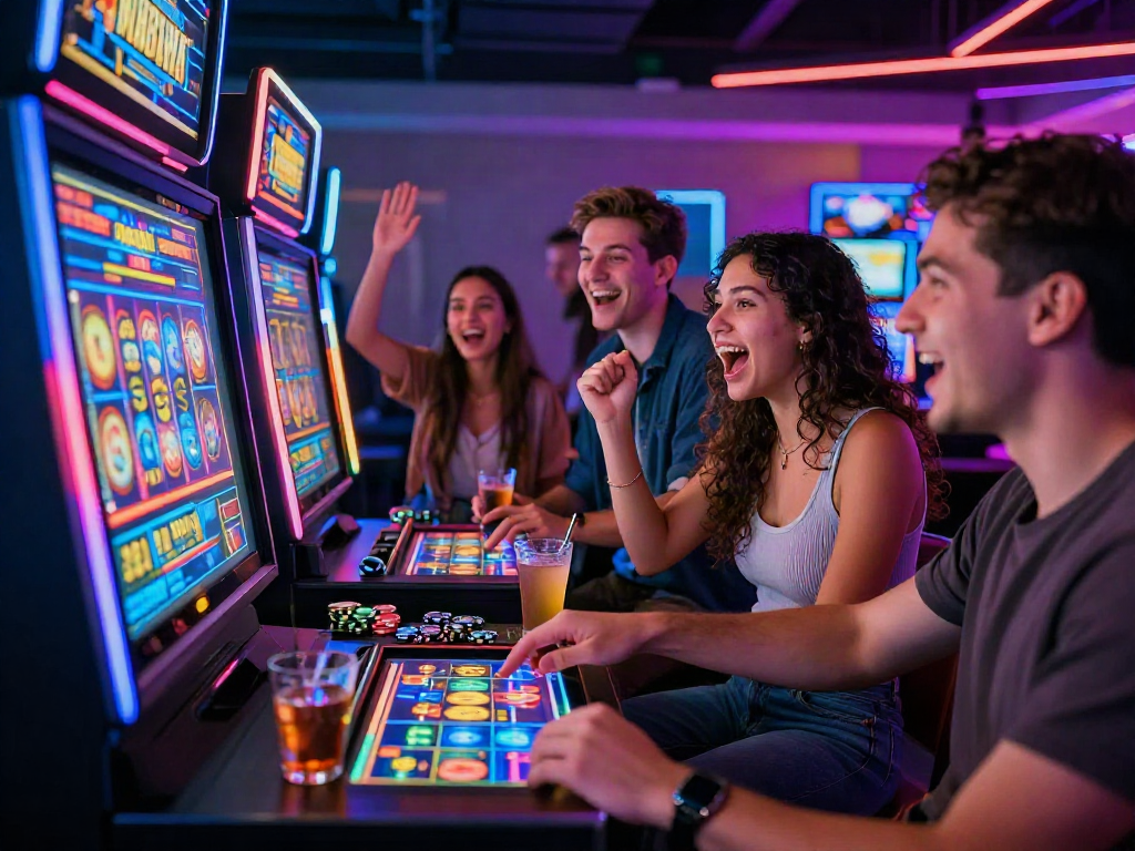 Friends enjoying an exciting bandar slot gaming experience in a vibrant casino atmosphere