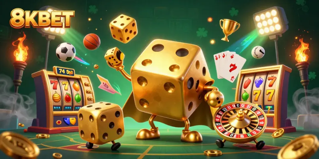 Experience the thrill at 8KBET with a dazzling golden dice golem and lively gaming elements.