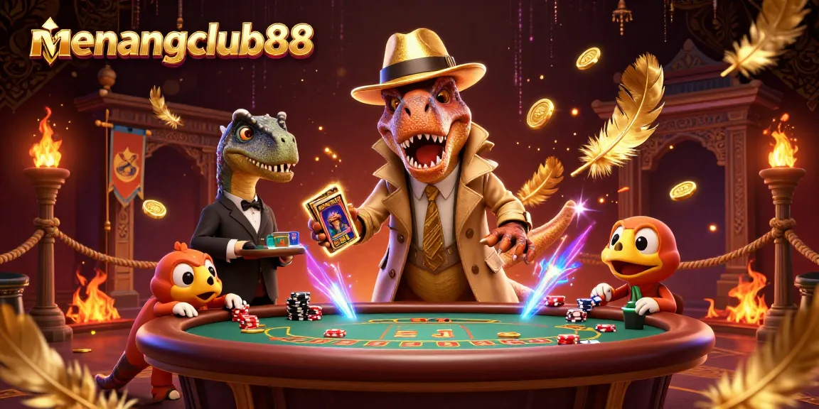 Watch a 3D velociraptor card counter at menangclub88 try to blend in while a stegosaurus pit boss watches closely.