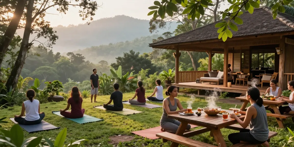 Participants enjoying an Ayurveda wellness retreat in Rishikesh, practicing yoga in a serene forest setting.