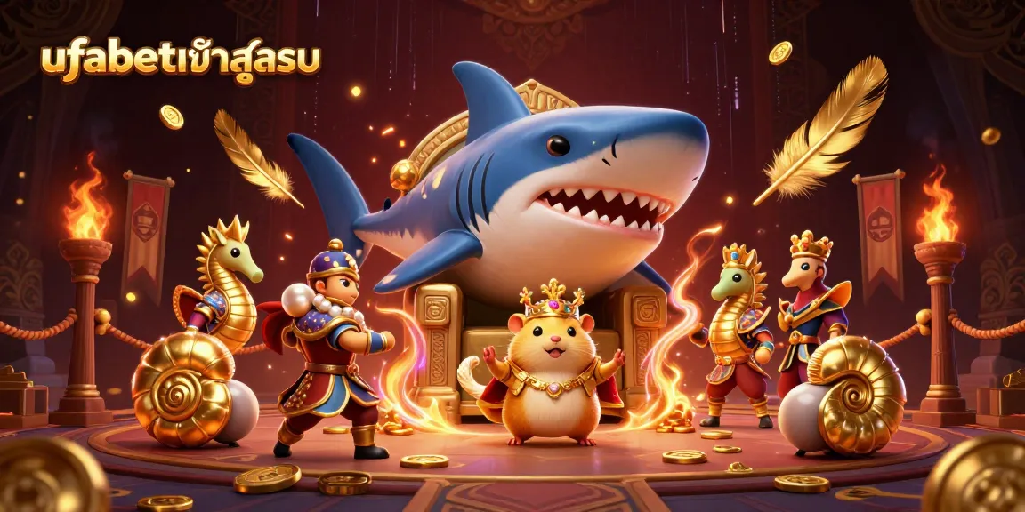 Engage in epic gaming battles with ufabetเข้าสู่ระบบ, featuring a golden hamster king on a megalodon throne.