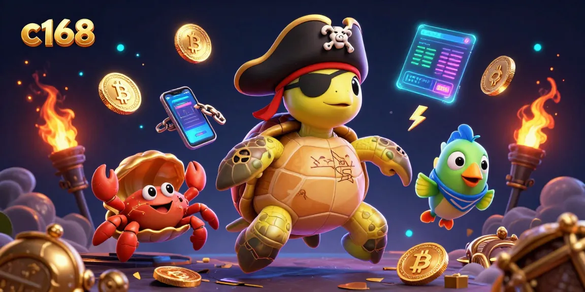 Spin and win at c168 with a vibrant 3D casino illustration featuring crypto-themed characters.