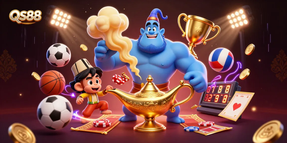 Experience thrilling gaming action at QS88 with a vibrant illustration featuring casino elements and dynamic characters.