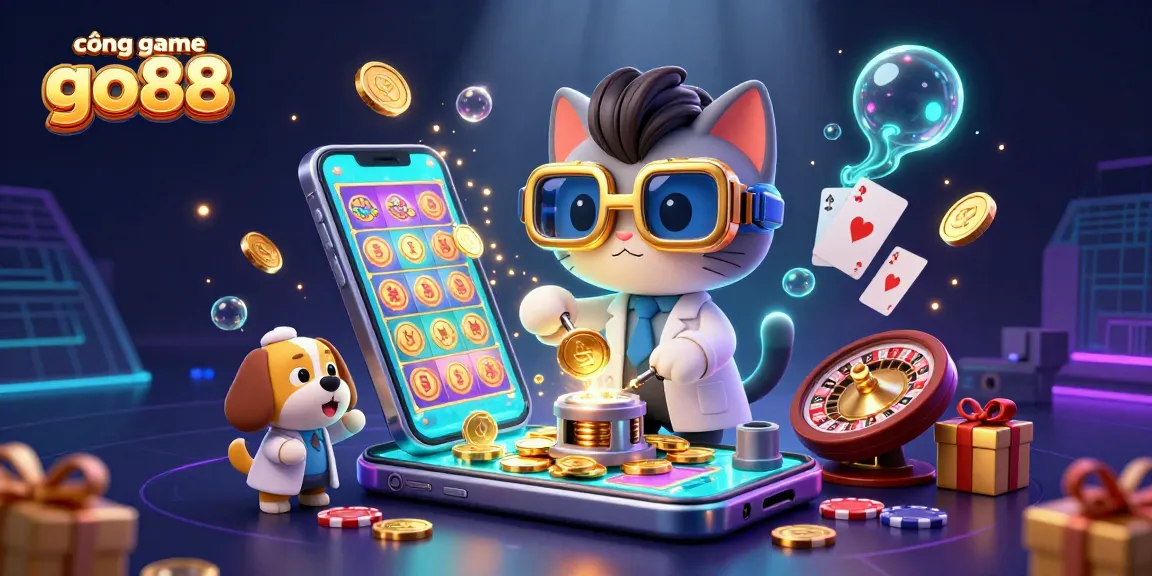 Experience the vibrant action at cổng game go88 with a playful illustration of a mad scientist cat and dog creating treasures.