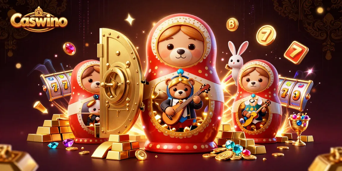 Experience exciting gameplay at Caswino with 3D characters celebrating casino wins and treasures.