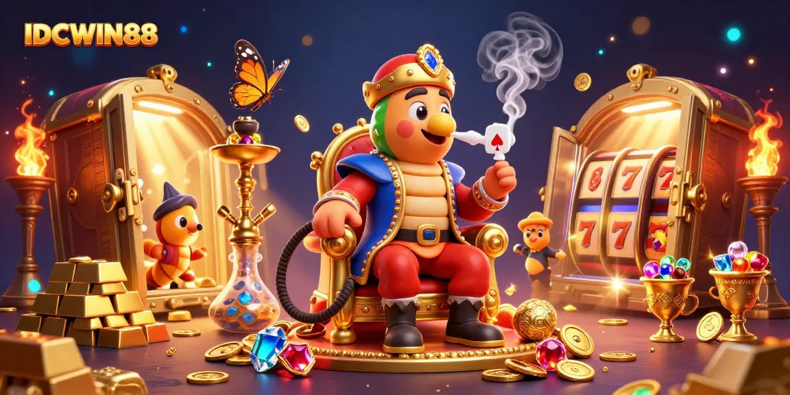 Experience gaming at IDCWIN88 with a vibrant 3D scene full of slot elements and treasures.