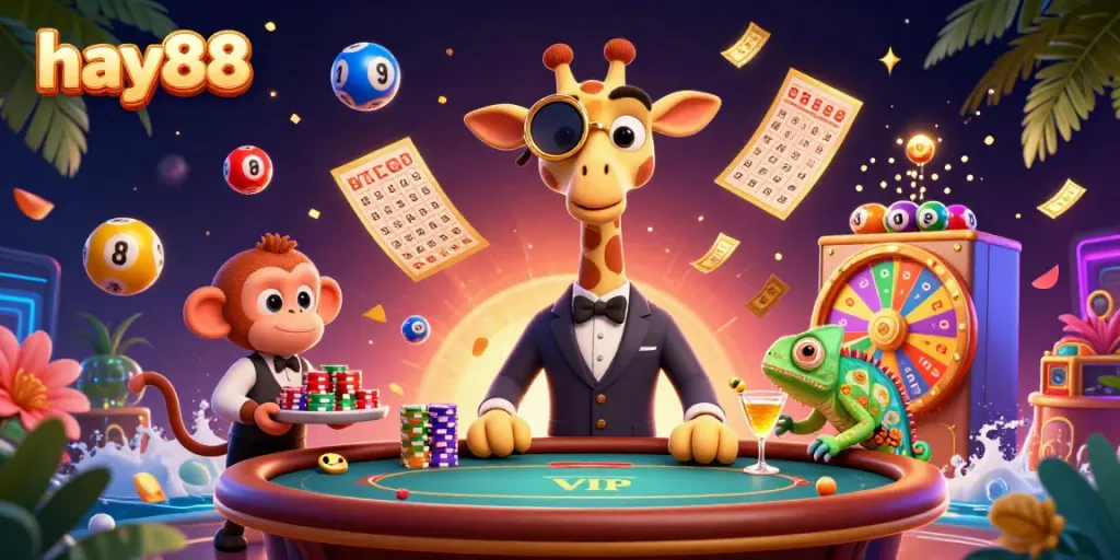 Experience excitement at hay88 with cartoon characters in a vibrant casino scene, filled with dynamic game elements.