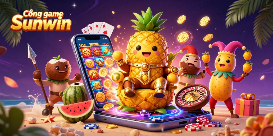 Cổng game Sunwin offers thrilling gaming with golden pineapple king and casino elements in a vibrant scene.