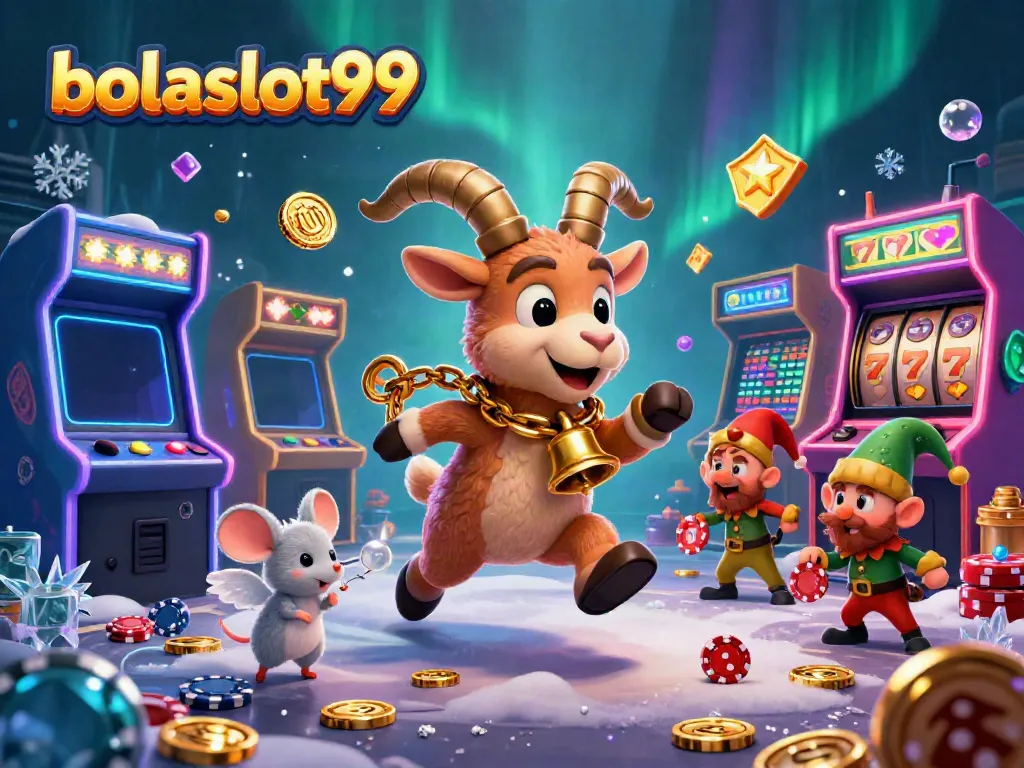 Experience the vibrant atmosphere of bolaslot99, where playful characters engage in a lively casino with slots and festive elements.