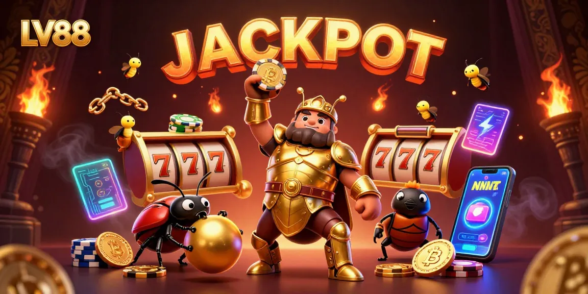 Spin and win big with LV88, featuring a golden beetle celebrating its jackpot triumph amidst vibrant casino elements.