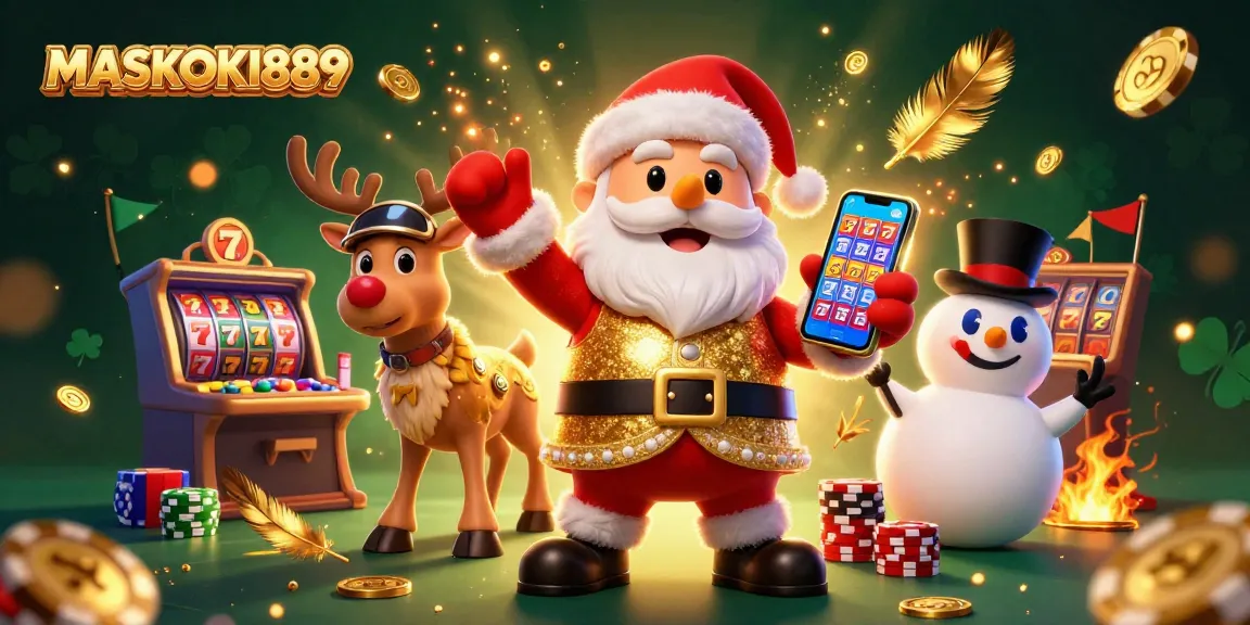 Experience the excitement of MASKOKI889 with Santa and friends celebrating jackpots in a vibrant casino atmosphere.