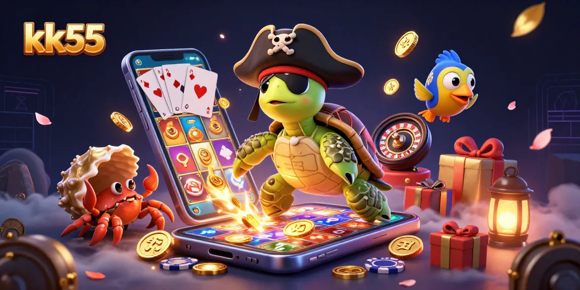 Engage in exciting gameplay at kk55, featuring colorful slots, poker cards, and treasure elements.