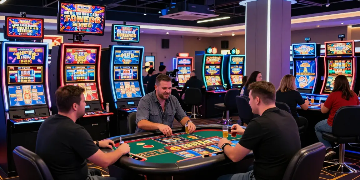 Spieler in non gamstop casinos feiern Gewinne in hellem Casino-Ambiente.