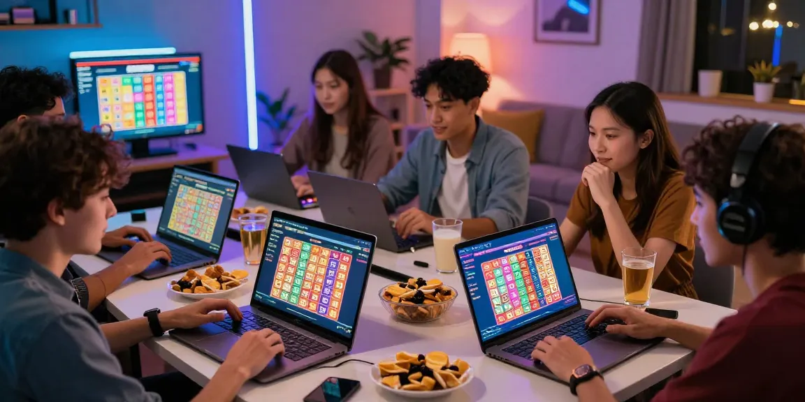 Togel enthusiasts enjoying an online lottery game in a social setting.