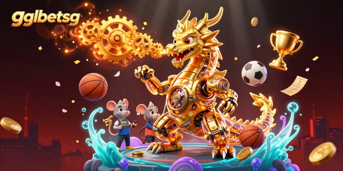 gglbetsg showcases a dynamic esports betting scene with a golden dragon, sports elements, and vibrant details.
