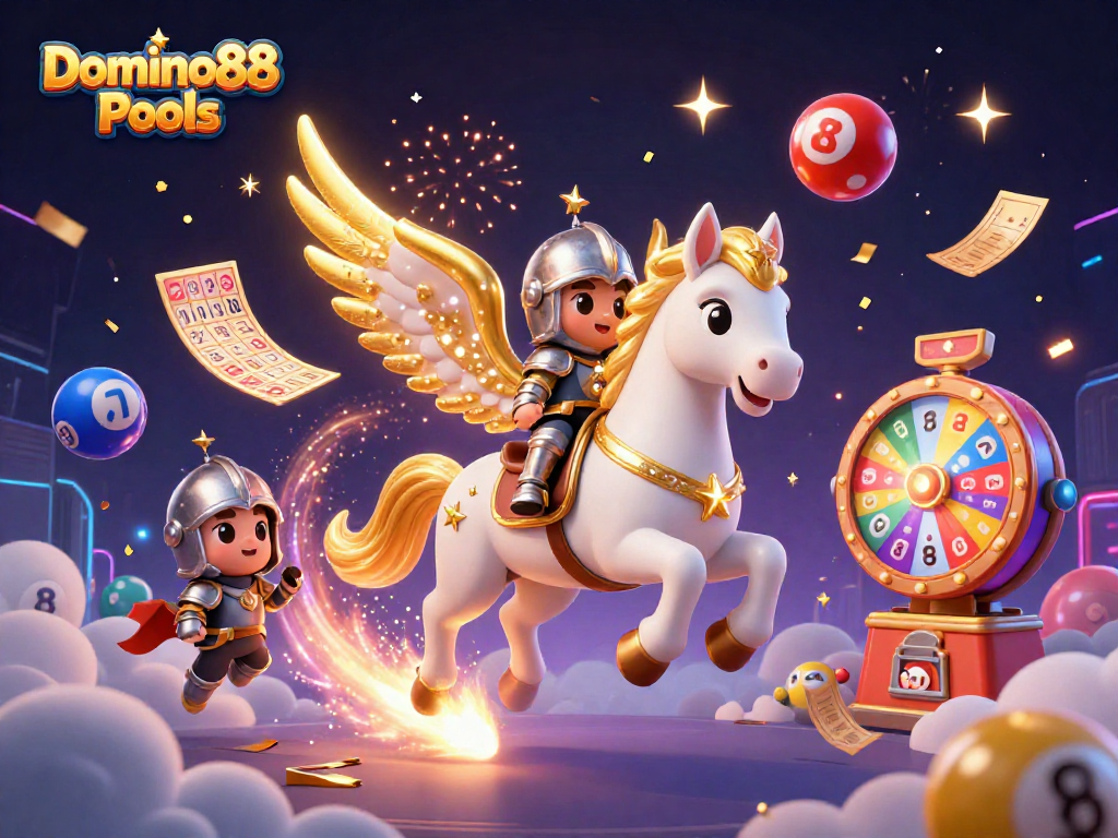 Experience the excitement of Domino88 Pools with colorful lottery elements and dynamic 3D characters.