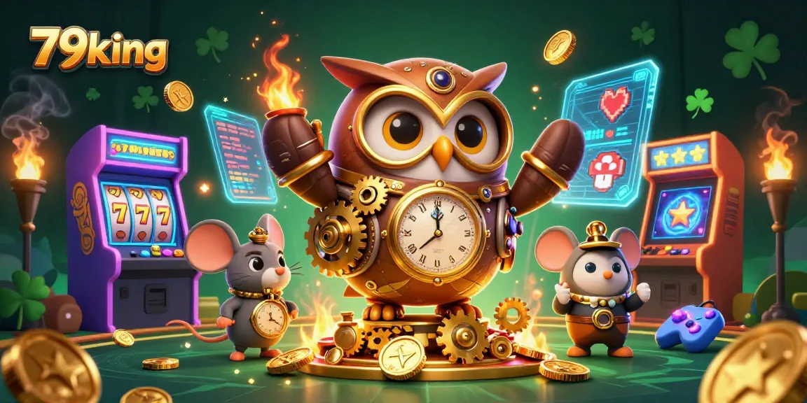 Engage with 79king as the animated owl and its mouse companion navigate a vibrant Victorian casino scene.