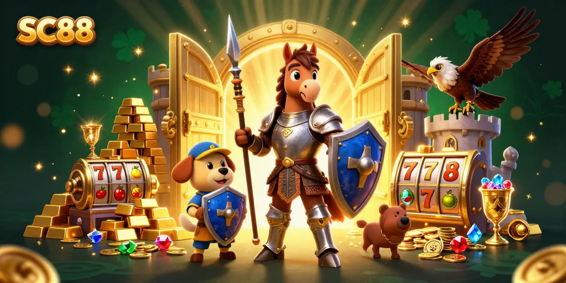 Engage in the thrilling world of SC88 slots with cartoon characters amidst gold and gems.