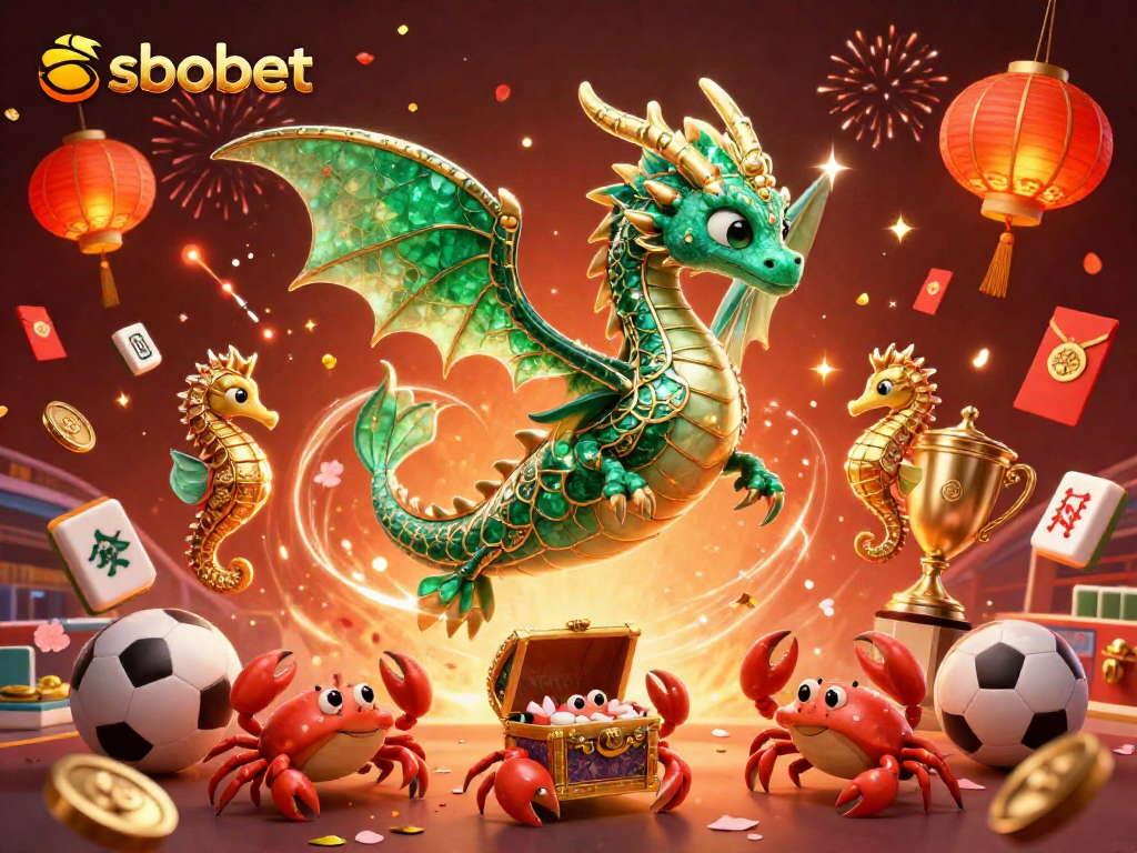 Sponsor sbobet with engaging sports betting scene featuring a vibrant emerald sea dragon and festive elements.