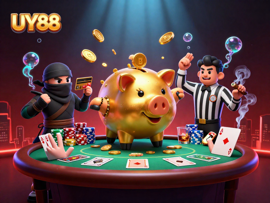 Engage with UY88's exciting poker showdown featuring dynamic cartoon characters and vibrant casino elements.