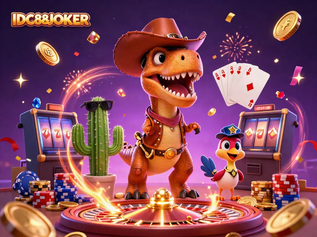 Experience thrilling gameplay with IDC88JOKER as our T-Rex cowboy dinosaur spins the roulette wheel amidst celebrating confetti.