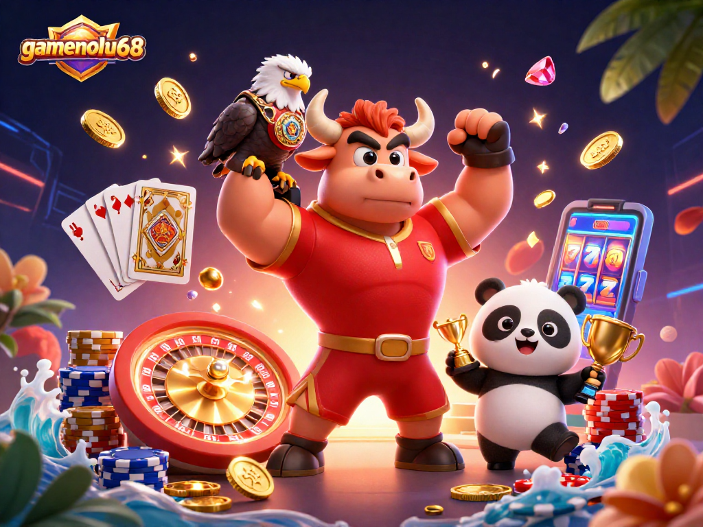 Experience excitement with gamenohu68 as a bull mascot celebrates wins with friends in a vibrant casino scene.