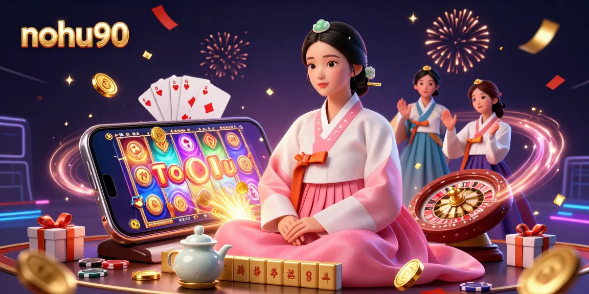 Nohu90 showcases an elegant woman in traditional attire engaging in a vibrant gaming scene filled with slots, cards, and excitement.