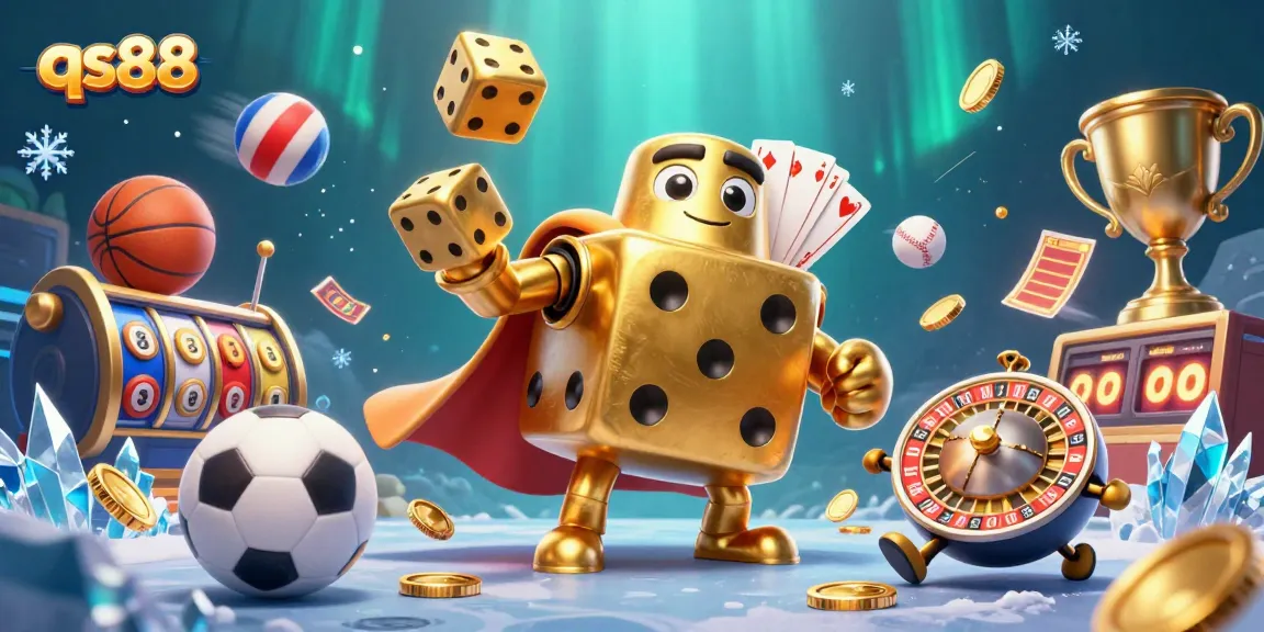 Experience thrilling games at qs88 with a dynamic scene of gold dice and sports elements.