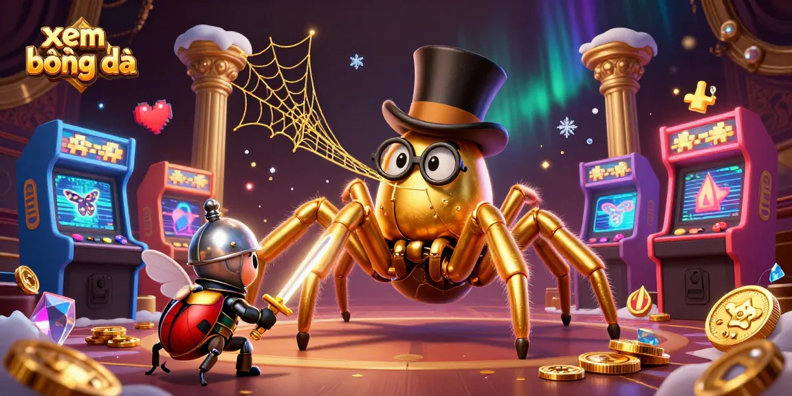 Engage in xem bóng đá with thrilling action from giant spider and brave beetle knight in a vibrant casino scene.